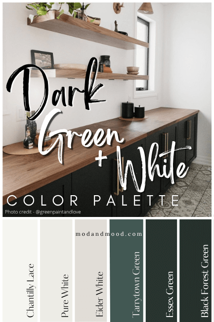 A range of white and dark green shades below a picture of a white kitchen with green almost black cabinets