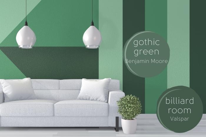 Benjamin Moore gothic green and Valspar Billiard Room over a graphic of a living room with bold graphic stripes of different shades of eucalyptus green on the wall.