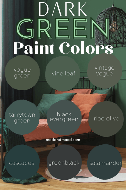 Graphic of 9 green circles reads "Dark Green Paint Colors" From top left to bottom right colors are: vogue green, vine leaf, vintage vogue, tarrytown green, black evergreen, ripe olive, cascades, greenblack, and salamander. Background photo is a dark green bedroom with an iron bed frame and terracotta colored bedding.
