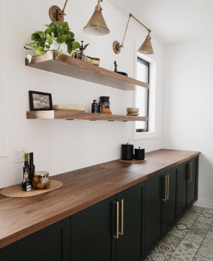 Essex Green cabinets butcher block counters gold hardware