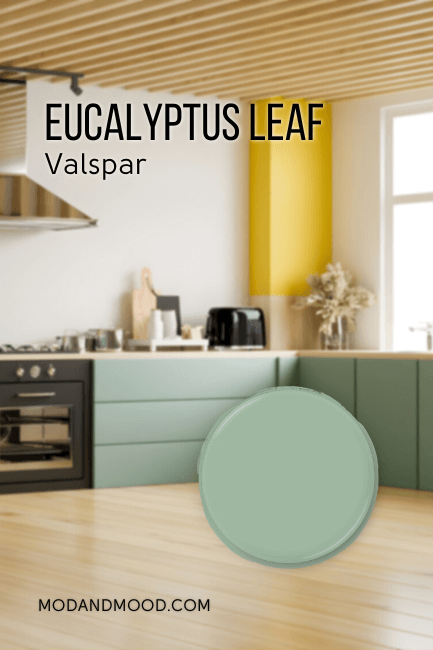 Eucalyptus Leaf by Valspar  over a background of a modern style kitchen with eucalyptus green cabinets and warm wood floors.