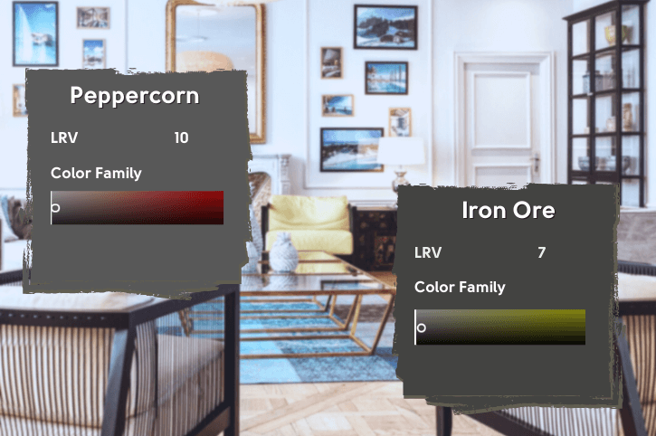 peppercorn vs iron ore on swatches with LRV over a background of a living room with a gallery wall.