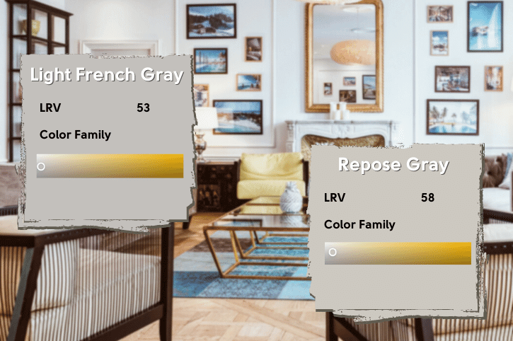 Light French Gray Color properties beside repose gray color properties on a background of a modern living room with a busy gallery wall.