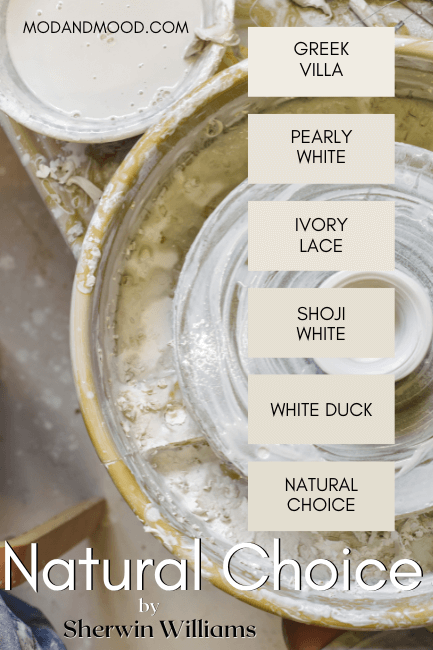 Natural Choice color strip features other white colors by Sherwin Williams including: Greek Villa, Pearly White, Ivory Lace, Shoji White, White Duck, and natural choice over a background photo of a ceramics wheel.