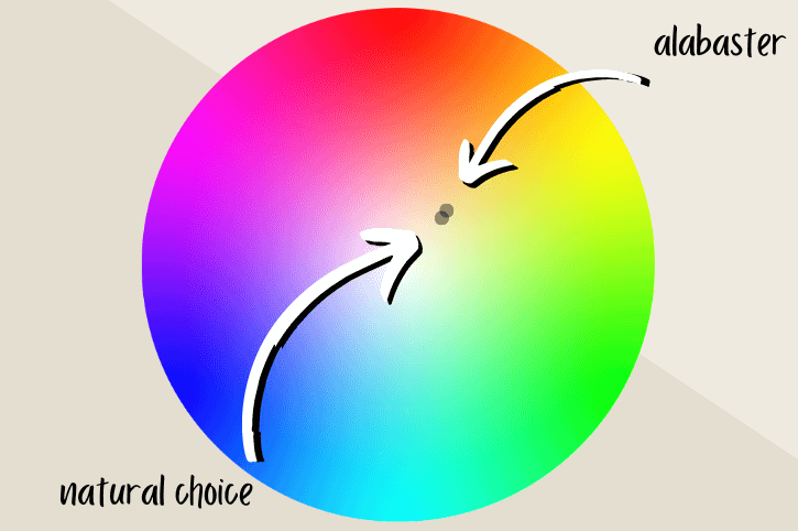 Alabaster and natural choice marked slightly overlapping on the same color wheel.