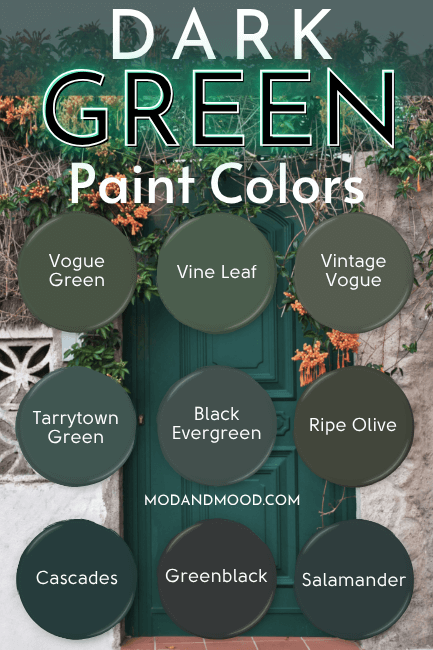 Graphic of 9 green circles reads "Dark Green Paint Colors" From top left to bottom right colors are: vogue green, vine leaf, vintage vogue, tarrytown green, black evergreen, ripe olive, cascades, greenblack, and salamander. Background photo is a green door in a stucco house wall.