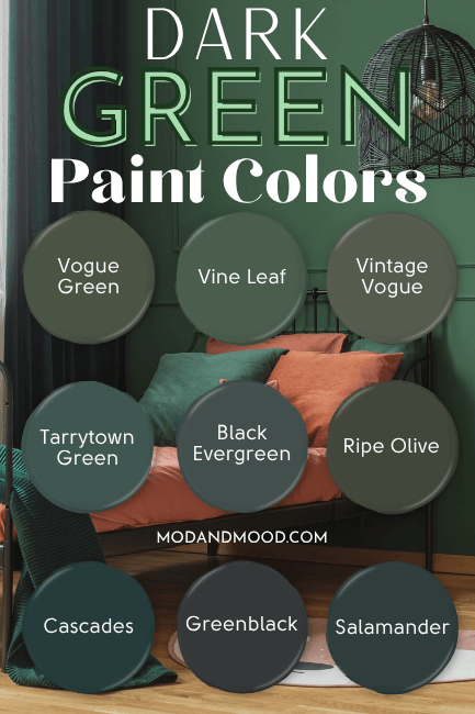 Graphic of 9 green circles reads "Dark Green Paint Colors" From top left to bottom right colors are: vogue green, vine leaf, vintage vogue, tarrytown green, black evergreen, ripe olive, cascades, greenblack, and salamander. Background photo is a dark green bedroom with an iron bed frame and terracotta colored bedding.