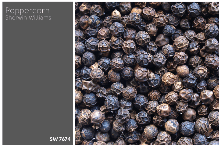 A sample of sherwin williams peppercorn beside a picture of peppercorns