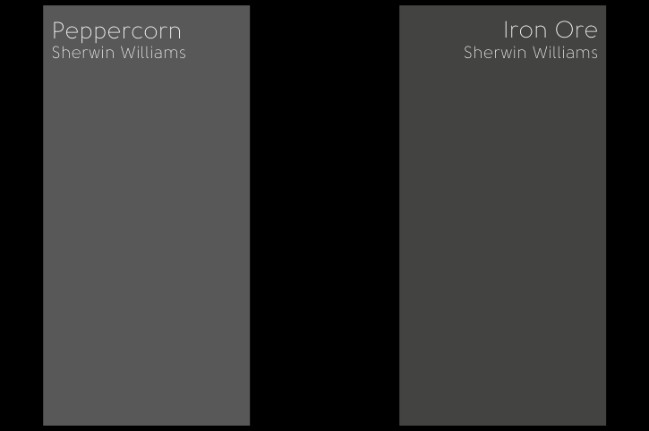 Iron ore and peppercorn swatches compared to true black