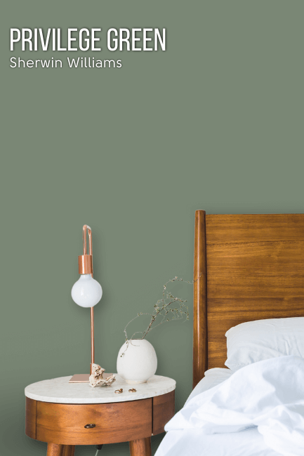 Sherwin Williams Privilege Green on a bedroom wall behind a wooden headboard and side table.