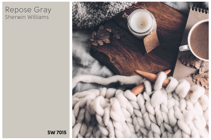 A swatch of sw Repose Gray beside a picture of a cozy knitting setup with yarn, candles, and coffee.
