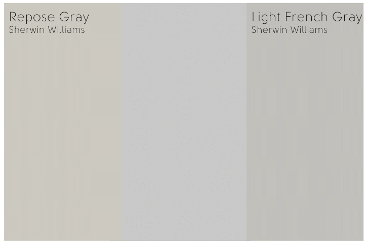 Repose gray swatch vs light french gray swatch with a true gray in the middle