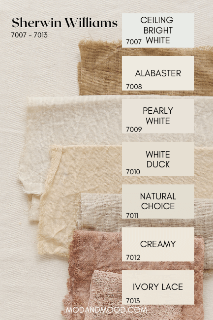 Sherwin Williams white paints from 7007 to 7013: Ceiling Bright White, Alabaster, Pearly White, White Duck, Natural Choice, Creamy, and Ivory Lace over a background of natural colored fabrics