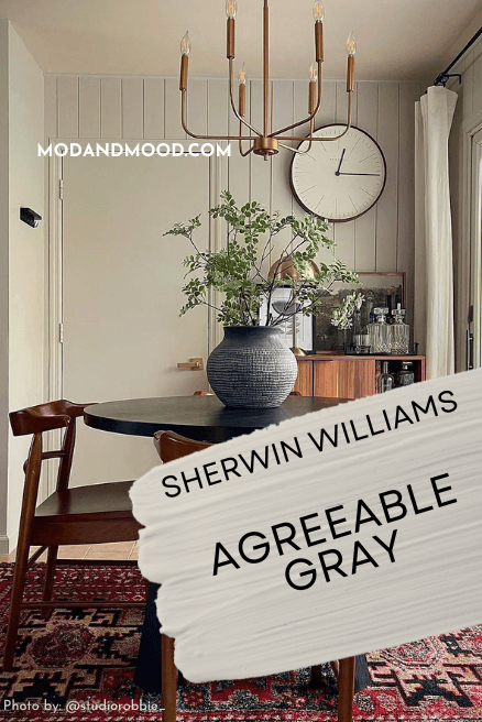 Swatch of Agreeable Gray over the color on walls in a cozy dining room