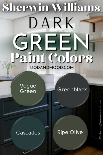 Sherwin Williams Dark Green paint colors features four dark green shades: Greenblack, Vogue Green, Cascades, and Ripe Olive, over a background of Ripe Olive on dark green kitchen cabinets.