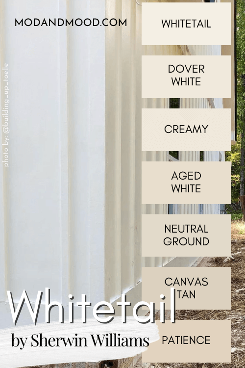Sherwin williams whitetail color strip features a collection of other white paint colors. From top to bottom colors are whitetail, dover white, creamy, aged white, neutral ground, canvas tan, and patience over a photo of the color on an exterior.