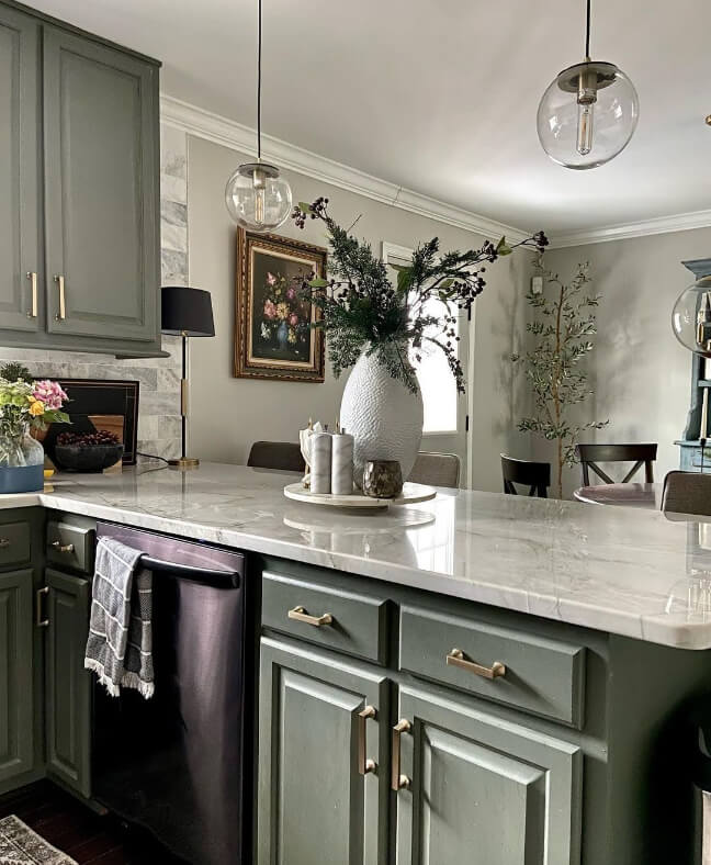 Thunderous on green kitchen cabinets with pewter hardware
