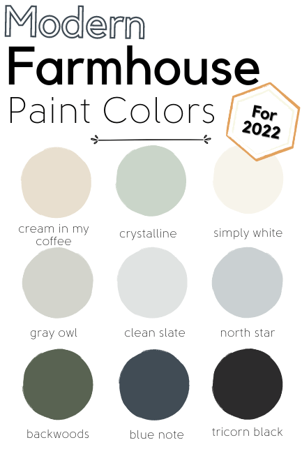 Graphic reads "modern farmhouse" color palette with a series of color swatches as follows in the article.