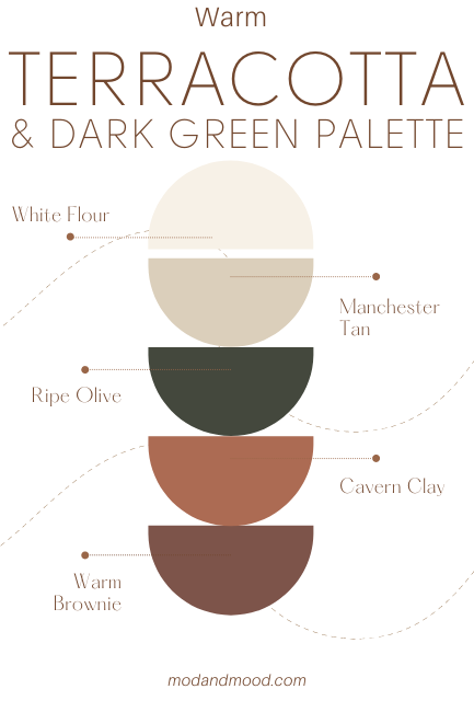 A warm toned terracotta palette with one dark green in the middle of a range of creamy beige to dark brown shades.