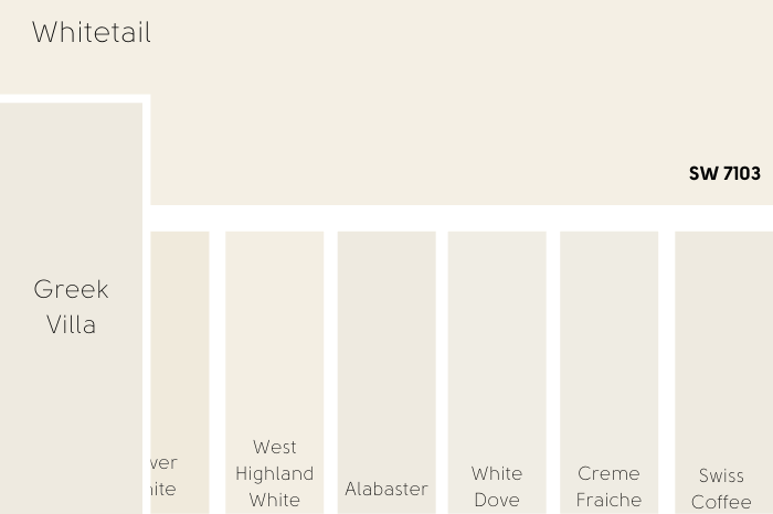 Sherwin Williams Whitetail vs a number of other whites including Greek Villa on a color card