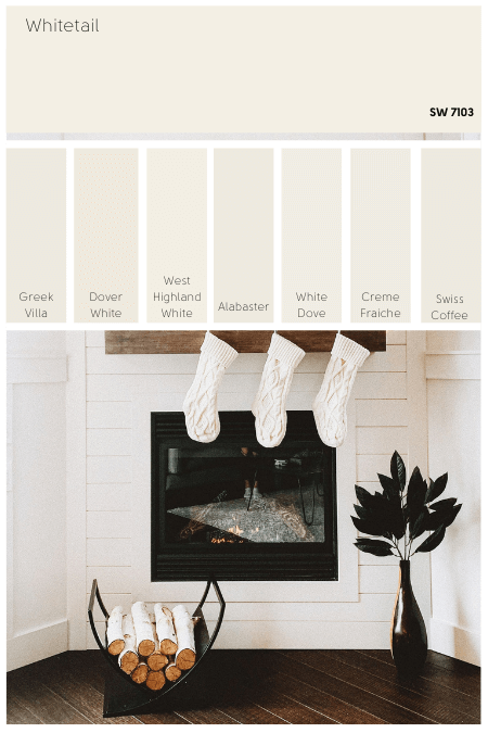 Whitetail color card above several other whites and a picture of a fireplace with white stockings.