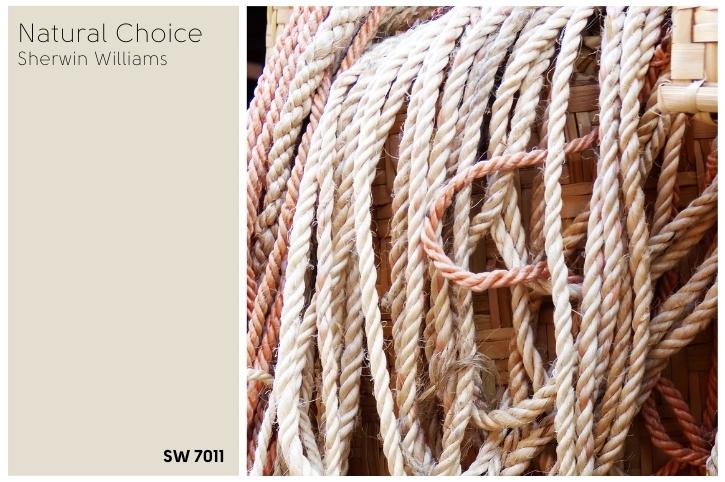 Swatch of Sherwin Williams Natural Choice beside a picture of yarn in a range of natural tones.