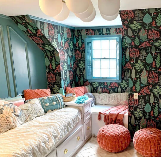 Aegean Teal funky bedroom with wallpaper and coral accents