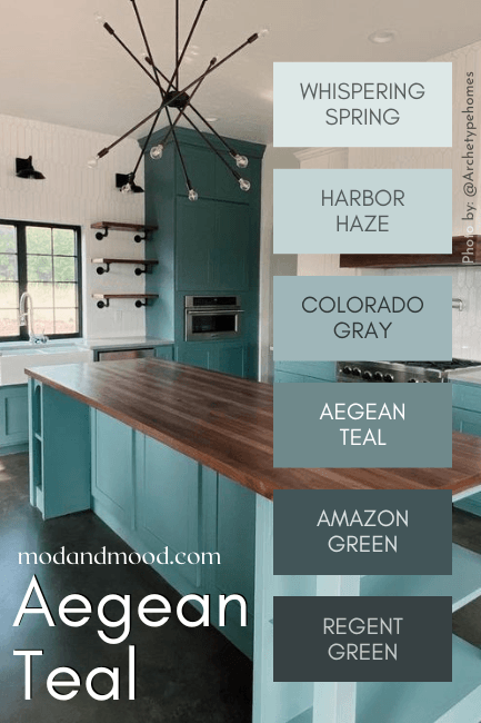 Aegean Teal color strip from Benjamin Moore features colors from light to dark: Whispering Spring, Harbor Haze, Colorado Gray, Aegean Teal, Amazon Green, and Regent Green. Background is Aegean Teal on kitchen cabinets.