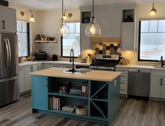 Aegean Teal Island with Gray Cashmere cabinets