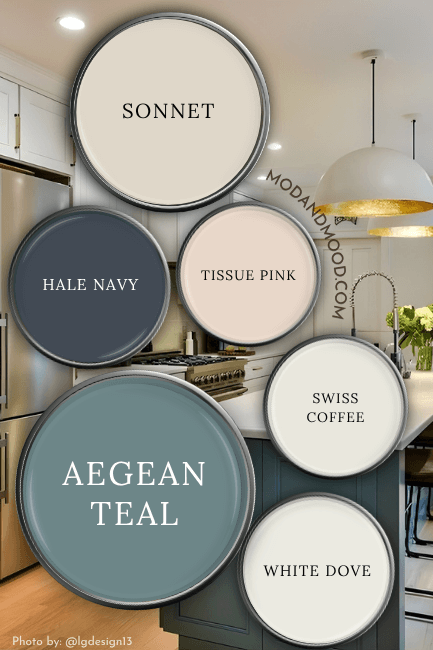 Benjamin Moore Aegean Teal in a color palette with Sonnet, Tissue Pink, Hale Navy, Swiss Coffee and White Dove, over a background of the color on a kitchen island.