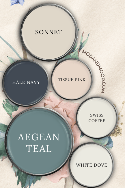 Benjamin Moore Aegean Teal in a color palette with Sonnet, Tissue Pink, Hale Navy, Swiss Coffee and White Dove, over a fabric background with a large floral print.