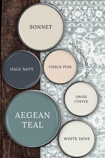 Benjamin Moore Aegean Teal in a color palette with Sonnet, Tissue Pink, Hale Navy, Swiss Coffee and White Dove, over a wood background with a blue and white rug.