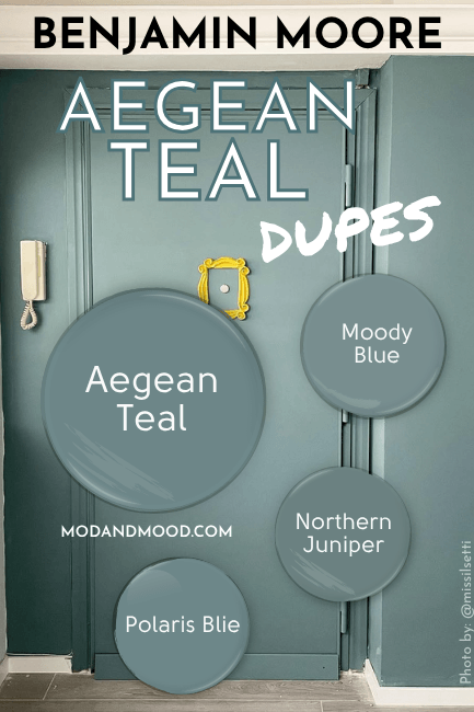 Aegean Teal Dupes from Valspar, Behr, and Sherwin WIlliams over a background of Aegean Teal on a door and trim.