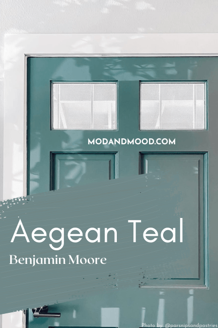 Swatch of Benjamin Moore Aegean Teal over a front door in the color.