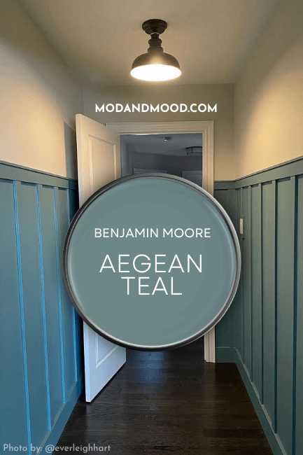 Benjamin Moore Aegean Teal on wainscoting in a beige hallway