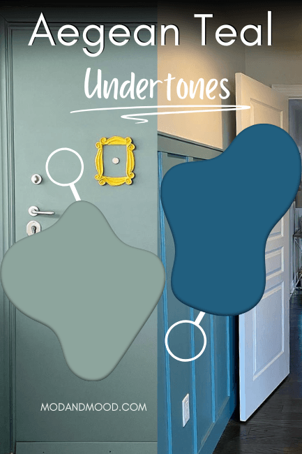 Undertones of Aegean Teal from muted and more green to bolder and more blue