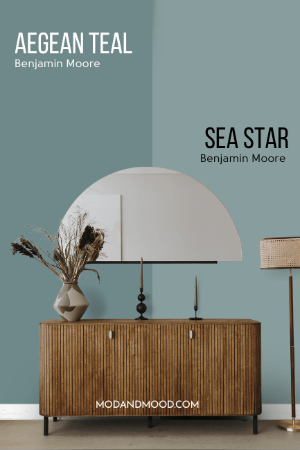 Benjamin Moore Aegean Teal vs Sea Star on Walls behind a hall table