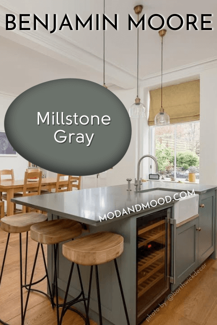 Benjamin Moore Millstone Gray swatched over a photo of a kitchen with that same color on an island
