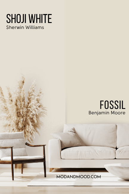 Sherwin Williams Shoji White on half of a wall and benjamin Moore dupe fossil on the other half behind a beige sofa.