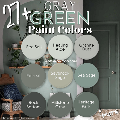 Graphic reads 27+ Gray Green paint colors, with small swatches of 9 of the colors over a room with a couple different colors of gray green. Paint dots are: Sea Salt, Healing Aloe, Granite Dust, Retreat, Saybrook Sage, Sea Sage, Rock Bottom, Millstone Gray, Heritage Park