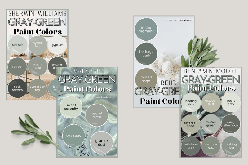 A selection of gray green paint colors from every brand
