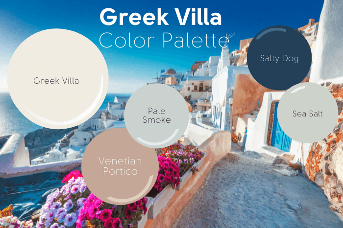 Greek villa with 4 coordinating colors over a background photo of a greek village