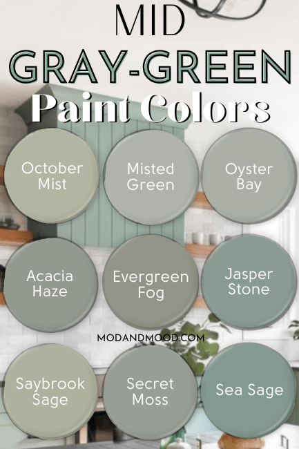 Mid toned gray green paint colors as outlined in the article. Colors are October Mist, Misted Green, Oyster Bay, Acacia Haze, Evergreen Fog, Jasper Stone, Saybrook Sage, Secret Moss, and Sea Sage. Background photo is Jasper Stone on kitchen cabinets