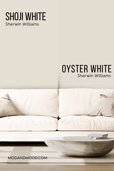 Sherwin Williams Oyster White on half of a wall and Shoji White on the other half behind a white sofa.