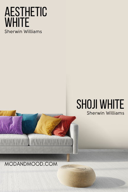 Sherwin Williams Aesthetic White on half of a wall and shoji white on the other half behind a light gray sofa.