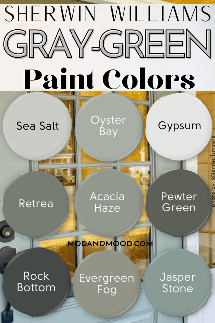 Sherwin Williams 9 shades of gray green paint. Colors are Sea Salt, Oyster Bay, Gypsum, Retreat, Acacia Haze, Pewter Green, Rock Bottom, Evergreen Fog, and Jasper Stone.