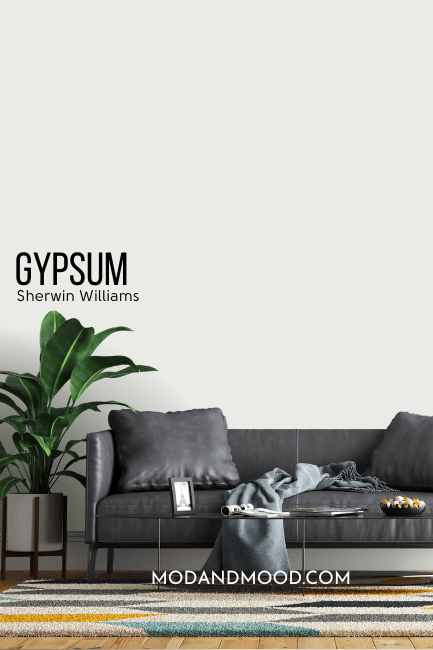 Sherwin Williams Gypsum on a wall behind a gray leather sofa.