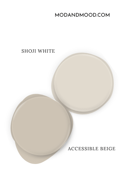 Sherwin Williams Shoji White swatched beside a paint dot of coordinating color Accessible Beige