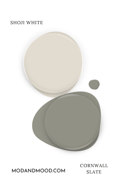 Sherwin Williams Shoji White swatched beside a paint dot of coordinating color Cornwall Slate