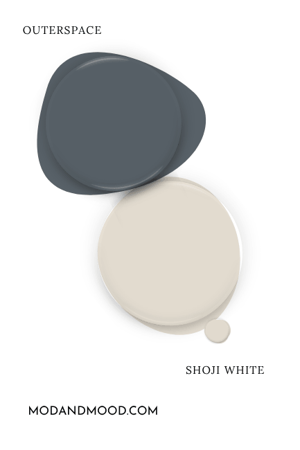 Sherwin Williams Shoji White swatched beside a paint dot of coordinating color Outerspace